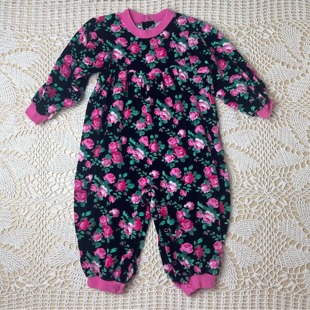 Vintage 1990s Polar Baby Girl 18 Months Velour Floral Long Sleeve Jumpsuit